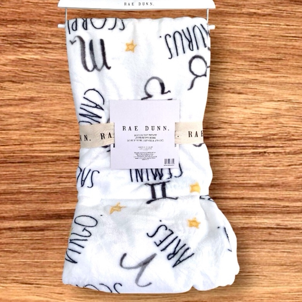 Rae Dunn White Plush Zodiac Throw with Black Lettering and Gold Stars New